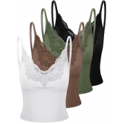 4 Pcs Women Fairy Grunge Y2K Tops Lace Patchwork Crop Tops Fairy Grunge Clothes Aesthetic Knitted Cami Tank Top for Girls (Black, White, Chocolate, Army Green, L)